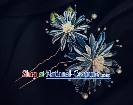 China Handmade Blue Silk Cornflower Hairpin Traditional Song Dynasty Hanfu Headpiece Ancient Court Woman Hair Stick