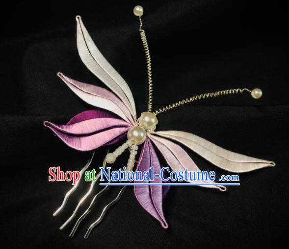 China Handmade Lilac Silk Butterfly Hairpin Traditional Ming Dynasty Hanfu Headpiece Ancient Princess Hair Comb