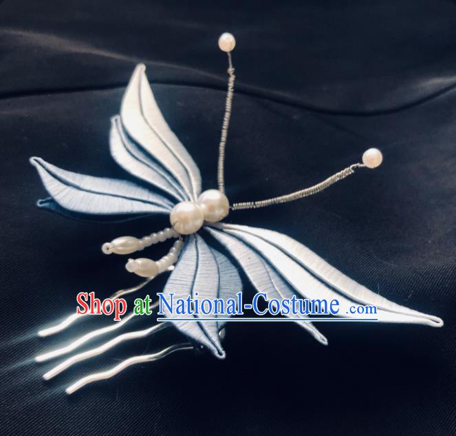 China Handmade Blue Silk Butterfly Hairpin Traditional Song Dynasty Hanfu Hair Accessories Ancient Court Lady Hair Comb