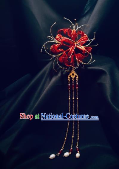 China Handmade Red Spider Lily Hairpin Traditional Tang Dynasty Hanfu Hair Accessories Ancient Goddess Tassel Hair Stick