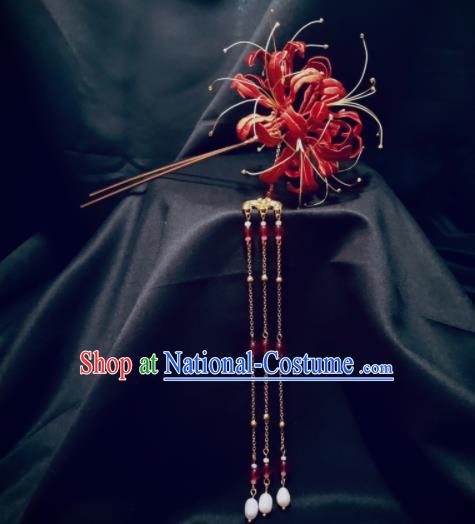 China Handmade Red Spider Lily Hairpin Traditional Tang Dynasty Hanfu Hair Accessories Ancient Goddess Tassel Hair Stick