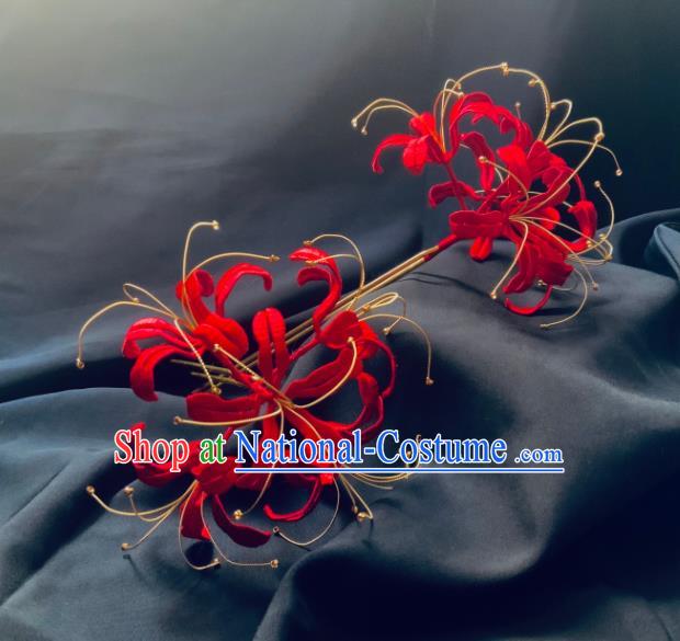 China Handmade Red Spider Lily Hairpin Traditional Tang Dynasty Hanfu Hair Accessories Ancient Goddess Tassel Hair Stick