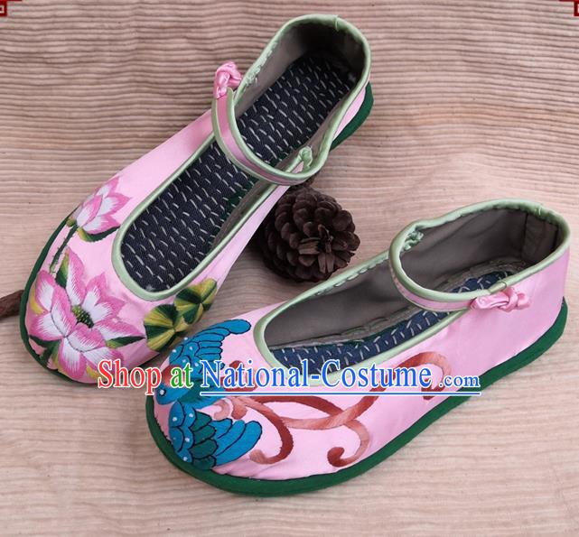 China Yunnan Embroidered Lotus Shoes Wedding Bride Shoes Handmade Ethnic Dance Shoes National Woman Pink Cloth Shoes