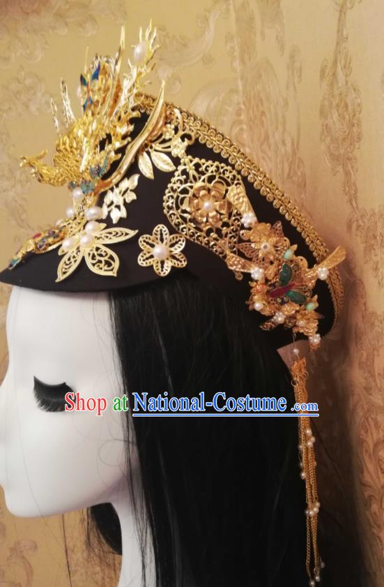 China Handmade Qing Dynasty Manchu Queen Hair Crown Traditional Empresses in the Palace Court Headdress Ancient Court Woman Golden Phoenix Hat Headwear