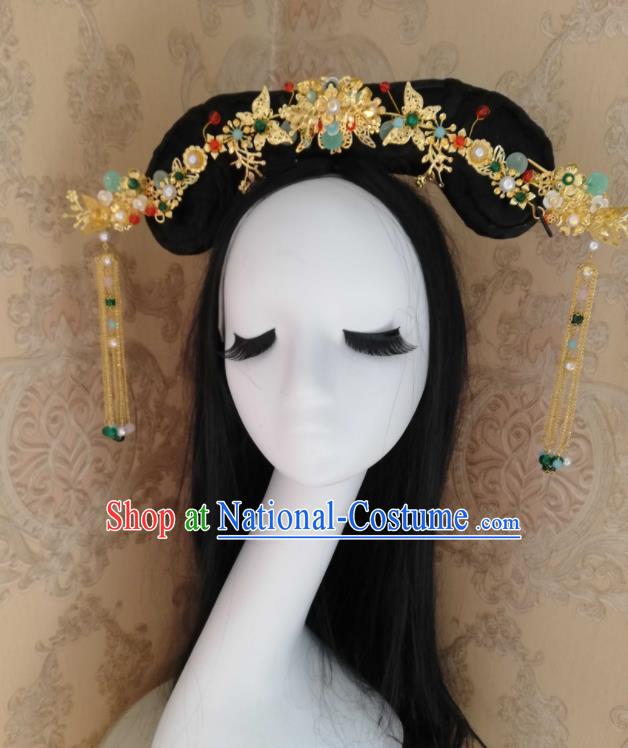 Chinese Handmade Wigs and Golden Hairpins Traditional Qing Dynasty Court Hair Accessories Ancient Princess Hairpieces