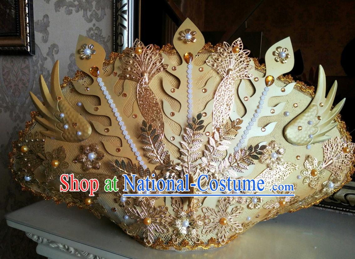 China Cheongsam Show Pearls Hair Accessories Catwalks Performance Deluxe Headwear Cosplay Queen Golden Phoenix Hair Crown