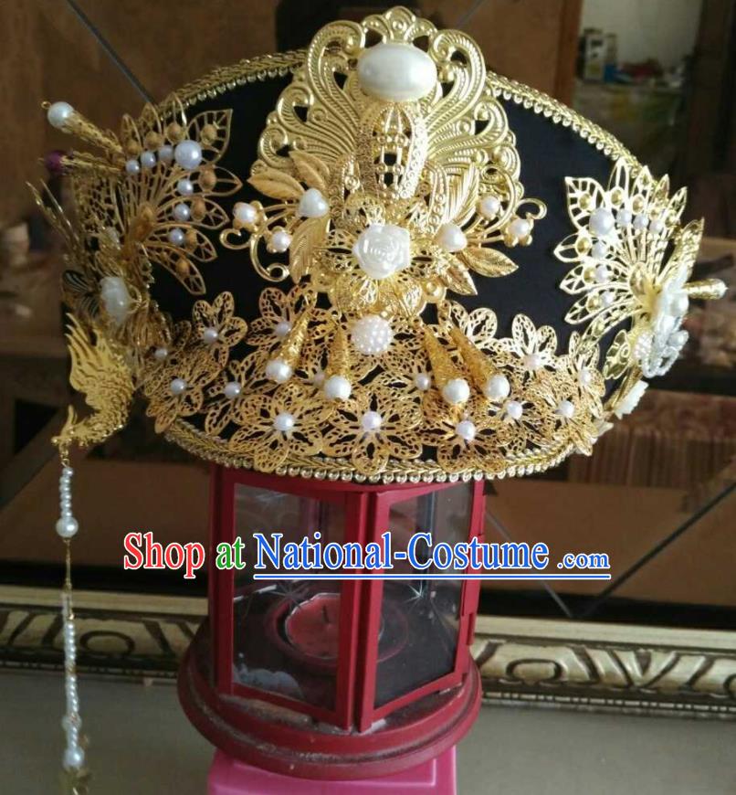 China Handmade Qing Dynasty Empress Golden Hair Crown Traditional Drama Empresses in the Palace Headwear Ancient Imperial Consort Hat