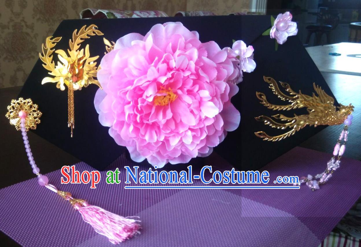 China Ancient Drama Empresses in the Palace Great Wing Hat Handmade Qing Dynasty Princess Pink Peony Hair Crown Traditional Court Headdress