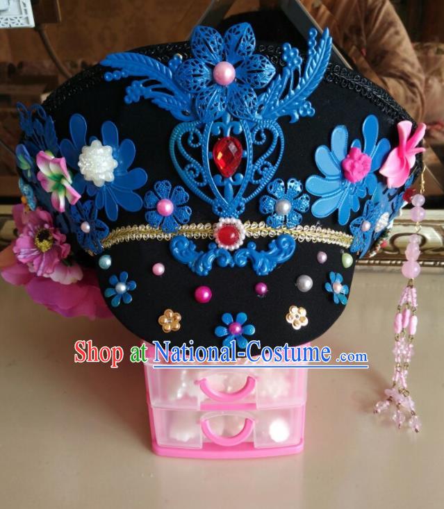 China Traditional Court Headdress Ancient Drama Empresses in the Palace Zhan Huan Hat Handmade Qing Dynasty Imperial Consort Hair Crown