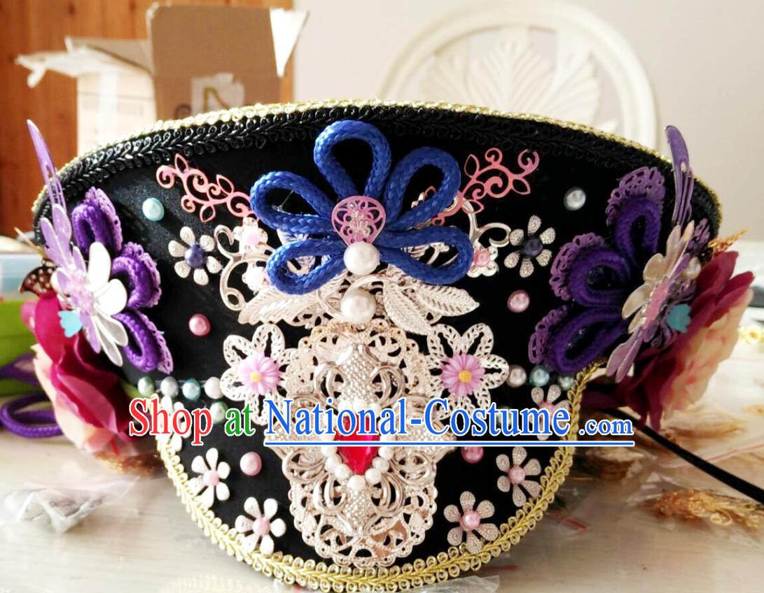 China Handmade Qing Dynasty Imperial Consort Hair Crown Traditional Court Headdress Ancient Drama Empresses in the Palace Zhan Huan Hat