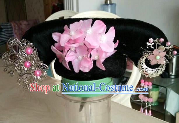 Chinese Ancient Manchu Princess Hairpieces Qing Dynasty Palace Lady Wigs and Hair Accessories