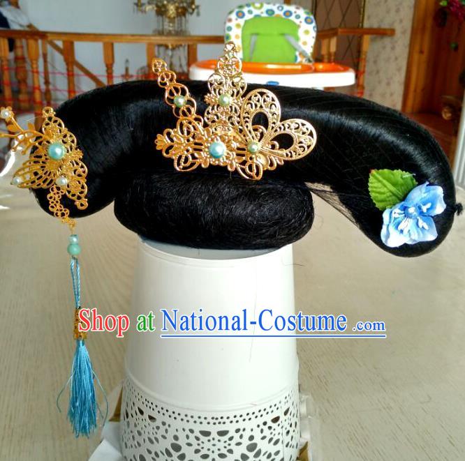 Chinese Traditional Qing Dynasty Court Maid Wigs and Hair Accessories Ancient Manchu Lady Hairpieces