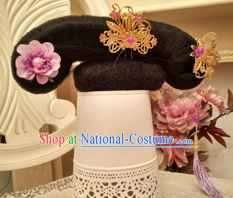 Chinese Ancient Manchu Woman Headdress Traditional Qing Dynasty Court Lady Wigs Hairpieces and Hair Accessories