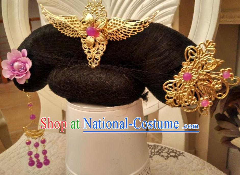 Chinese Traditional Qing Dynasty Court Woman Wigs Hairpieces and Hair Accessories Ancient Palace Princess Headdress