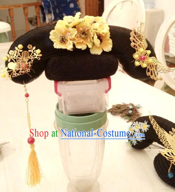 Chinese Traditional Qing Dynasty Palace Lady Headdress Ancient Princess Wigs and Hair Accessories Court Hairpieces