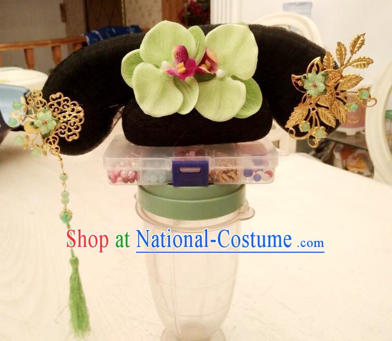 Chinese Traditional Court Hairpieces Qing Dynasty Palace Lady Headdress Ancient Servant Girl Wigs and Hair Accessories