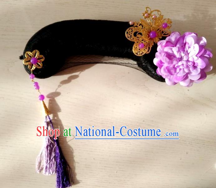 Chinese Ancient Manchu Princess Wigs and Hair Accessories Traditional Court Hairpieces Qing Dynasty Palace Lady Headdress