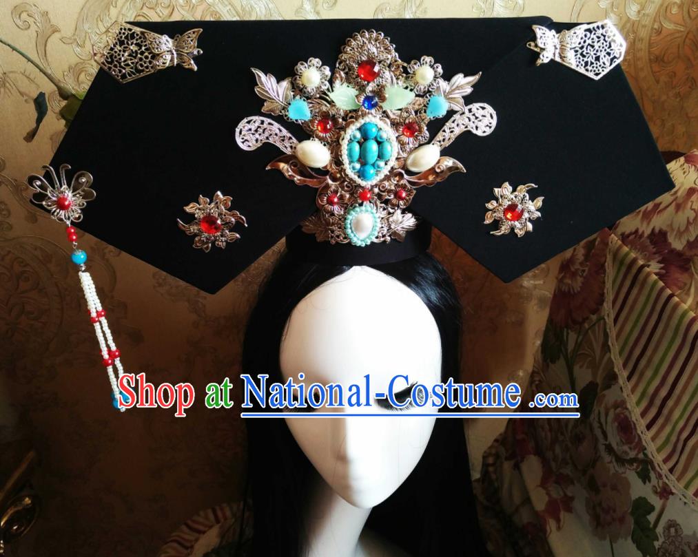 China Ancient Imperial Consort Zhen Huan Great Wing Hat Handmade Qing Dynasty Court Woman Hair Crown Traditional Empresses in the Palace Headwear