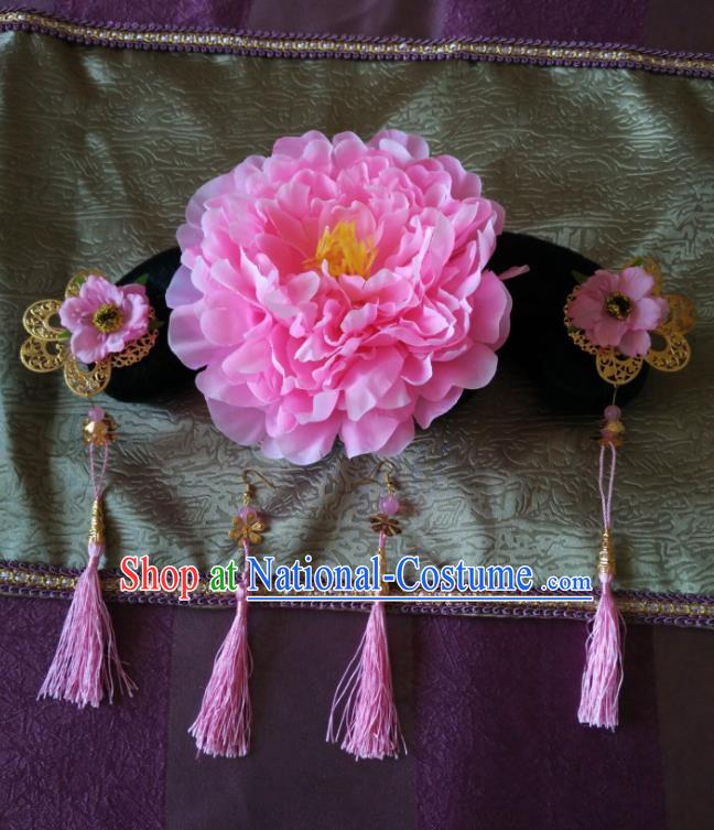 Chinese Qing Dynasty Palace Lady Headdress Ancient Manchu Girl Wigs and Hair Accessories Traditional Court Pink Peony Hairpieces