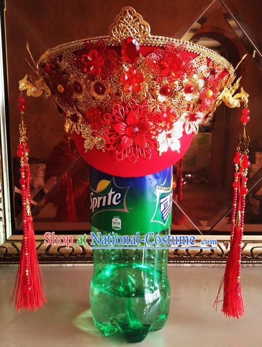 China Handmade Qing Dynasty Wedding Red Hair Crown Traditional The Legend of Xiaozhuang Court Headwear Ancient Empress Hat