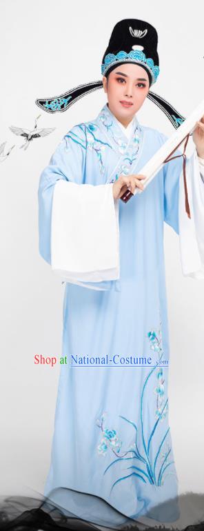 China Peking Opera Xiaosheng Embroidered Orchids Blue Robe Costume Beijing Opera Niche Clothing Traditional Yue Opera Scholar Garment