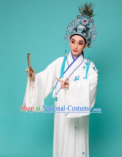 China Traditional Yue Opera Young Male Garment Peking Opera Scholar White Robe Costume Beijing Opera Xiaosheng Clothing