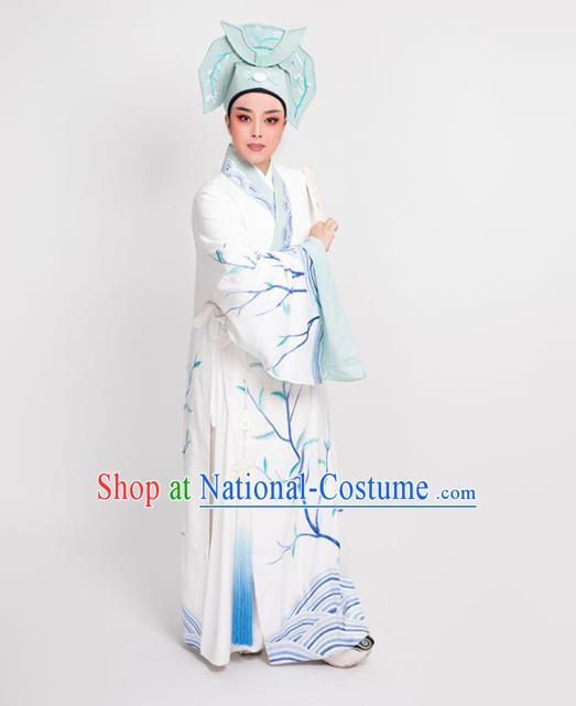 China Beijing Opera Scholar Clothing Traditional Yue Opera Young Childe Garment Peking Opera Xiaosheng Embroidered White Robe Costume