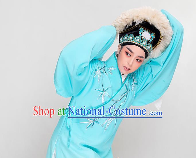 China Peking Opera Xiaosheng Embroidered Blue Robe Costume Beijing Opera Scholar Xu Xian Clothing Traditional Yue Opera Young Childe Garment