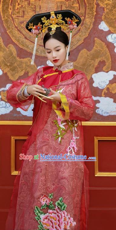 Traditional China Qing Dynasty Imperial Consort Historical Clothing Ancient Manchu Concubine Red Dress Garments and Headwear