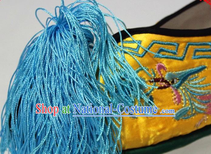 China Traditional Peking Opera Empress Boots Peking Opera Queen Yellow Embroidered Shoes Opera Actress Satin Shoes