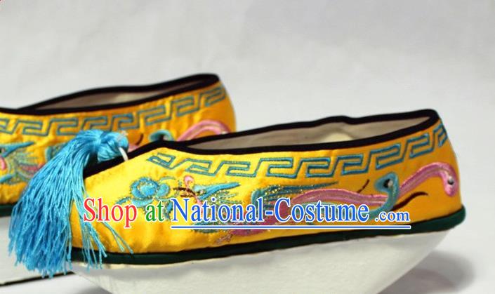 China Traditional Peking Opera Empress Boots Peking Opera Queen Yellow Embroidered Shoes Opera Actress Satin Shoes