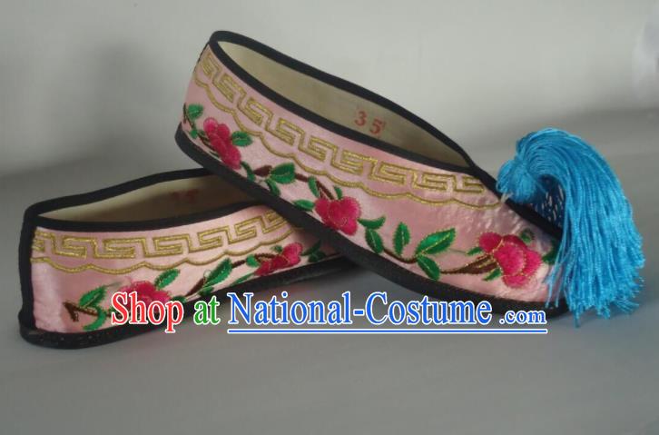 China Peking Opera Diva Embroidered Shoes Opera Actress Pink Satin Shoes Traditional Peking Opera Hua Tan Shoes