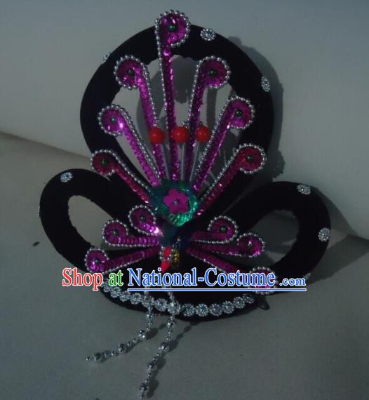 Chinese Opera Noble Lady Headpieces Traditional Beijing Opera Diva Headdress Peking Opera Hua Tan Wigs and Purple Phoenix Hair Accessories