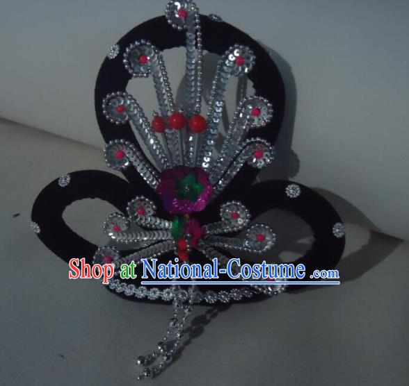 Chinese Peking Opera Hua Tan Wigs and Argent Phoenix Headpieces Traditional Beijing Opera Actress Headdress Opera Noble Lady Hair Accessories