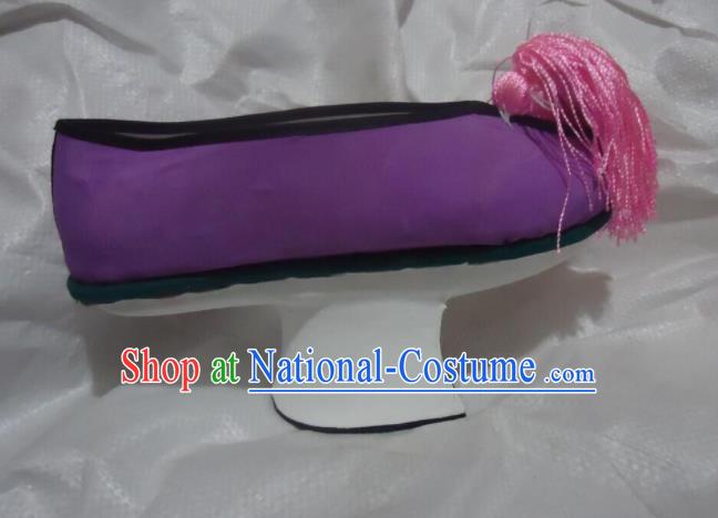 China Qing Dynasty Princess Shoes Traditional Peking Opera Hua Tan Shoes Peking Opera Diva Purple Satin Shoes