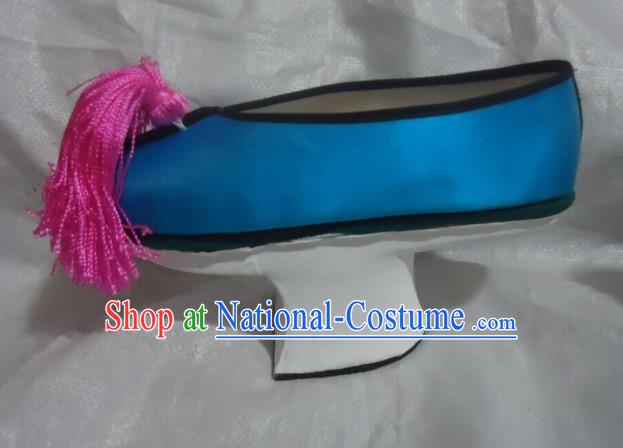 China Peking Opera Diva Blue Satin Shoes Qing Dynasty Princess Shoes Traditional Peking Opera Hua Tan Shoes