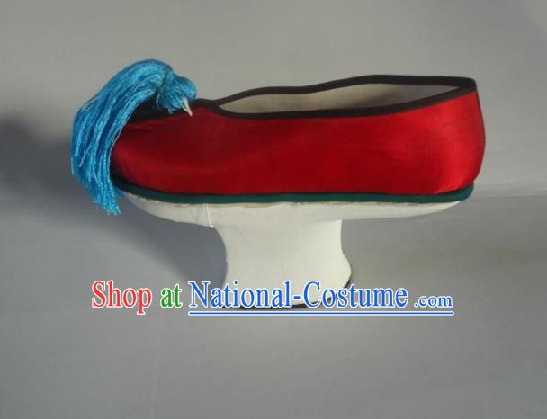 China Qing Dynasty Imperial Consort Shoes Traditional Peking Opera Diva Shoes Peking Opera Actress Red Satin Shoes