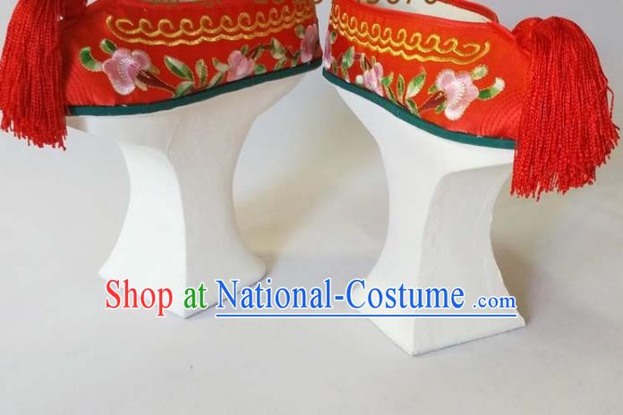 China Beijing Opera Hua Tan Red Embroidered Shoes Qing Dynasty Princess Shoes Traditional Peking Opera Actress Shoes