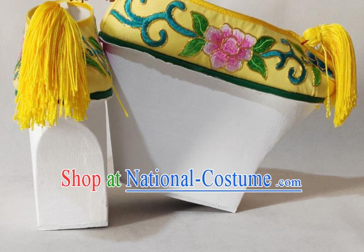 China Traditional Peking Opera Actress Shoes Beijing Opera Hua Tan Embroidered Shoes Qing Dynasty Princess Yellow Satin Shoes