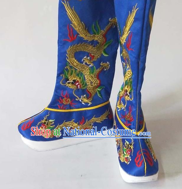 China Traditional Peking Opera Emperor Shoes Beijing Opera Embroidered Dragon Shoes Sichuan Opera Royalblue Satin Boots