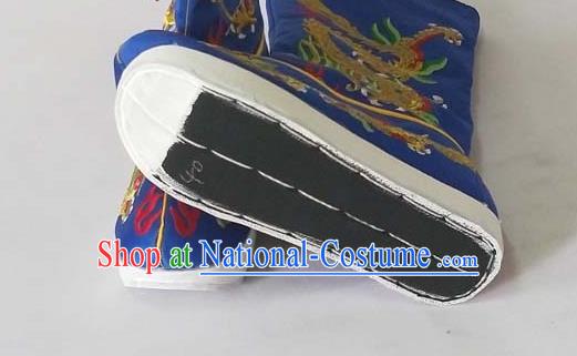 China Traditional Peking Opera Emperor Shoes Beijing Opera Embroidered Dragon Shoes Sichuan Opera Royalblue Satin Boots