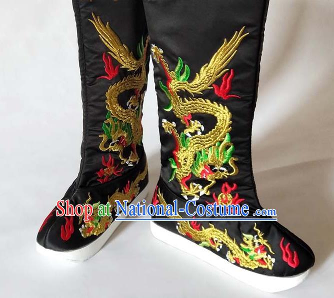 China Sichuan Opera Black Satin Boots Traditional Peking Opera Emperor Shoes Beijing Opera Embroidered Dragon Shoes