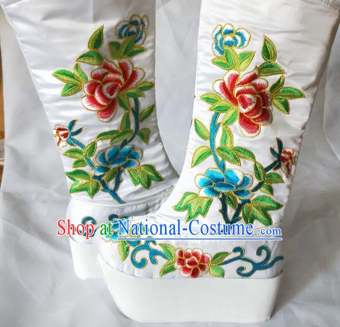 China Beijing Opera Embroidered Peony Shoes Sichuan Opera Female General White Satin Boots Traditional Peking Opera Shoes