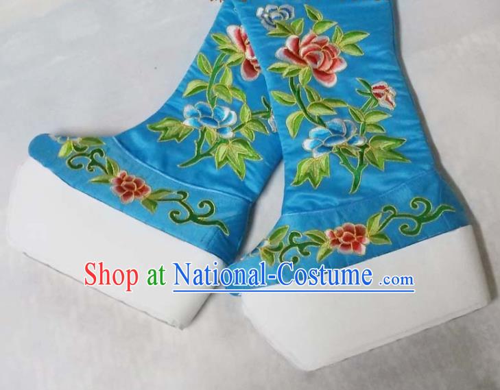 China Traditional Peking Opera Shoes Beijing Opera Embroidered Peony Shoes Sichuan Opera Female General Blue Satin Boots