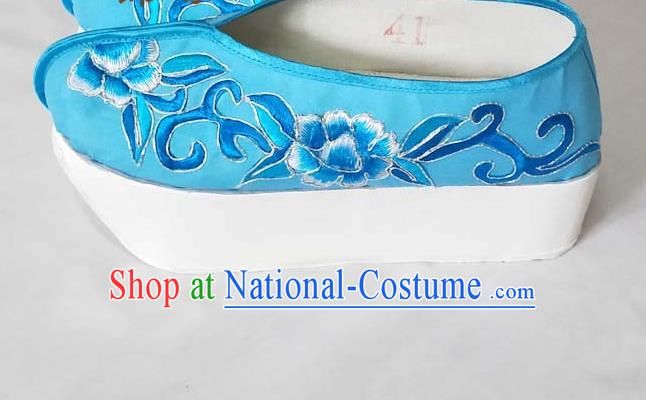 China Beijing Opera Niche Embroidered Shoes Yue Opera Scholar Blue Satin Shoes Traditional Peking Opera Xiaosheng Shoes