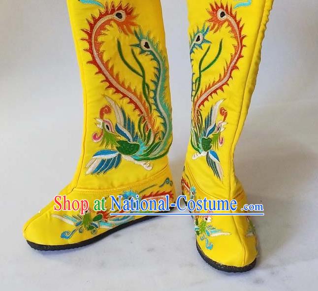 China Traditional Peking Opera Blues Shoes Beijing Opera Female General Embroidered Phoenix Shoes Sichuan Opera Changing Face Yellow Boots