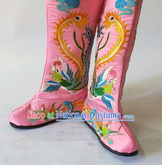 China Sichuan Opera Changing Face Pink Boots Traditional Peking Opera Blues Shoes Beijing Opera Female General Embroidered Phoenix Shoes