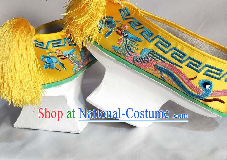 China Traditional Peking Opera Diva Shoes Beijing Opera Hua Tan Embroidered Phoenix Shoes Qing Dynasty Empress Yellow Satin Shoes