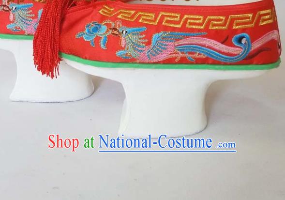 China Qing Dynasty Empress Red Satin Shoes Traditional Peking Opera Diva Shoes Beijing Opera Hua Tan Embroidered Phoenix Shoes