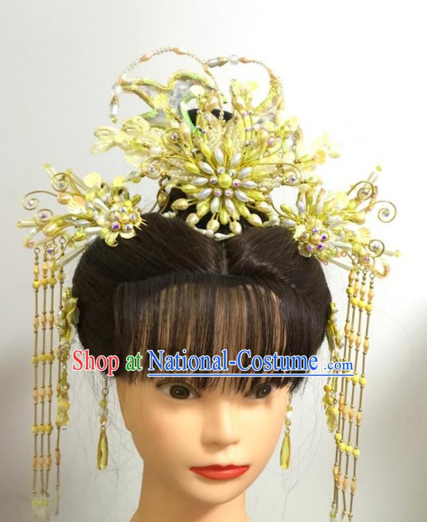 Chinese Traditional Beijing Opera Actress Headdress Gezi Opera Fairy Hair Accessories Peking Opera Hua Tan Golden Tassel Hair Crown